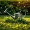 Lush greenery a watering can tends to the vibrant garden lawn