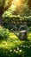 Lush greenery a watering can tends to the vibrant garden lawn