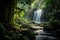 Lush jungle waterfall with sunlight and greenery