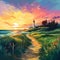 Lush Landscape: Sunset Lighthouse Beach Painting