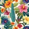 Lush Latin American Floral and Cactus Pattern on White Background