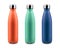 Lush Lava, Aqua Menthe, Phantom Blue; Colors of 2020. Close-up of reusable, eco thermo steel bottles for any liquid.