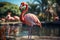 Lush lawn backdrop Graceful pink flamingo by exotic palm trees