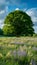 Lush meadow blooms with life, anchored by a majestic green tree