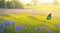 A lush meadow with vibrant wildflowers and butterflies in a soft morning light