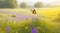 A lush meadow with vibrant wildflowers and butterflies in a soft morning light