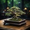 Lush miniature tree on wooden table, bridging nature and interior aesthetics