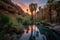 lush oasis surrounded by fiery canyon sunset, with palm trees and water in the background