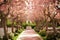 Lush Pathway Adorned With Pink Flowers and Trees, A garden filled with blooming cherry blossoms for a spring wedding set up, AI