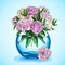 Lush pink peonies bouquet in a blue fishbowl