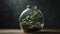 Lush plants thrive inside a glass bowl, a miniature green world