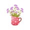 Lush purple wildflowers in a jug. Vector illustration on white background.