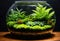 A lush terrarium filled with mosses and ferns