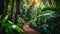 A lush tropical rainforest with exotic wildlife