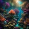 A lush underwater garden filled with vibrant, bioluminescent coral and fantastical sea creatures1