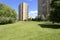 Lush vegetation coexists with buildings