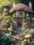 A lush, vibrant garden with blooming flowers, mushrooms, and green house.