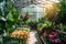 A lush and vibrant greenhouse bursting with a wide variety of plants and an array of colorful flowers, A bright, private