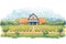 lush vineyard rows with a stone barn at the end, magazine style illustration