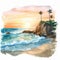 Lush Watercolor Painting Of Beach Rocks, Palm Trees, And Sunset