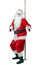 Lustful Santa is pole dancer, shows thumb fingers up. Depraved Santa Claus dances with pole on white background