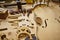 Luthier workshop with violin parts and tools. Traditional craftmanship