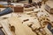 Luthier workshop with violin parts and tools. Traditional craftmanship