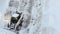 Lutsk, Ukraine - December 2, 2020. Bobcat skid steer loader removes snow from the city streets. Top view of the road with cars.