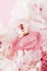 Luxe fragrance bottle as girly perfume product on background of peony flowers, parfum ad and beauty branding