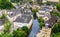 Luxembourg cityscape, church on river, panorama