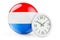 Luxembourgish flag with clock. Time in Luxembourg, 3D rendering