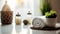 Luxuriate in Wellness: Spa Ambiance with White Towels, Essential Oils, Flowers, Candles, and Therapeutic Stones. Generative AI