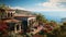 Luxurious American Spanish-style villa nestled on a hilltop, offering panoramic views of the ocean, with terracotta roofs, arched