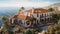 Luxurious American Spanish-style villa nestled on a hilltop, offering panoramic views of the ocean, with terracotta roofs, arched