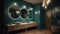 Luxurious Art Deco bathroom, emerald green walls, marble sinks, gold-framed mirrors, freestanding bathtub. Modern