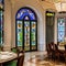 A luxurious, art nouveau dining room with stained glass windows, ornate furnishings, and nature-inspired motifs3, Generative AI