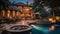 Luxurious backyard oasis, sparkling pool, comfortable patio furniture for serene outdoor relaxation