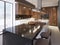 Luxurious bar counter of black marble with a wooden plate with n