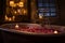 Luxurious bath filled with rose petals and scented candles. Generative AI