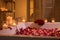 Luxurious bath filled with rose petals and scented candles. Generative AI