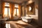 Luxurious bathroom interior in a modern royal palace, in light of sunset. AI generated