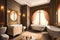 Luxurious bathroom interior in a modern royal palace, in light of sunset. AI generated