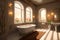 Luxurious bathroom interior in a modern royal palace, in light of sunset. AI generated