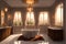 Luxurious bathroom interior in a modern royal palace, in light of sunset. AI generated