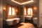 Luxurious bathroom interior in a modern royal palace, in light of sunset. AI generated