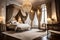 A luxurious bedroom with a canopy bed, opulent silk curtains, and a crystal chandelier casting a soft glow