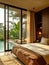 Luxurious bedroom opening to a sunny poolside.Modern design interior of bedroom hotel.Bedroom View to Tropical Pool