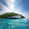 A luxurious black yacht against the backdrop of a tropical island with palm trees under the blue sky. Created with generative Ai