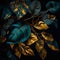 luxurious blue, gold, petrol colored leaves, background