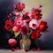 Luxurious bouquet of red and pink flowers in a vase. Square oil painting, still life, impasto. Generative AI